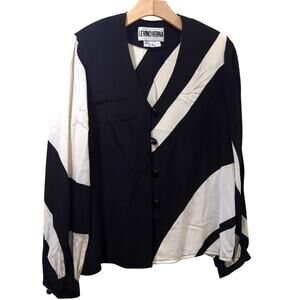 Levino Verna Vintage Silk Blouse 80s Black White Abstract Button Down Size S
